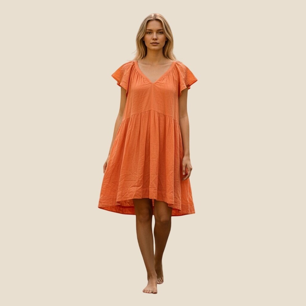 Old Navy Dress Womens 2X Orange V Neck Flutter Sleeve Swing Pockets Knee OOS